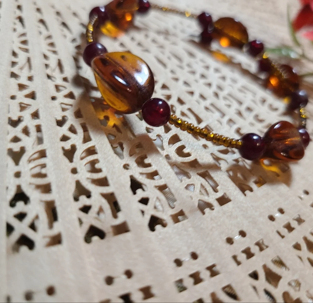 Unique Vintage Amber and Burgundy Beaded Bracelet